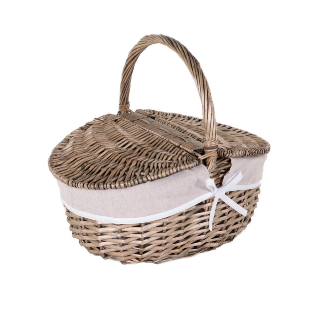 Cos de picnic din rachita cu capac si captuseala din material textil, 40 x 28 cm