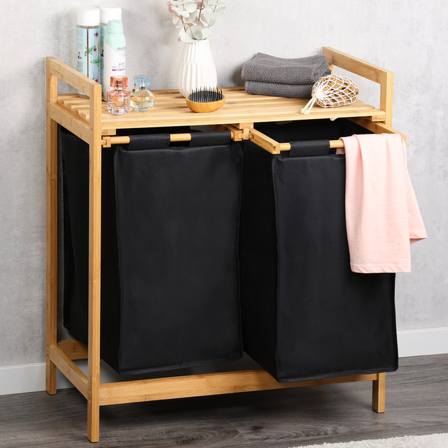 Cos de rufe din bambus, doua compartimente, 64 x 73 cm