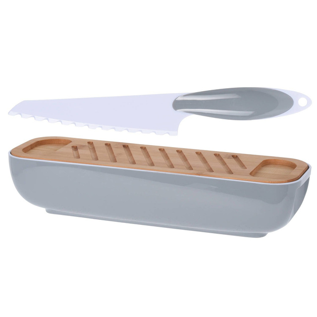 Coș de pâine cu capac din bambus, cuțit inclus