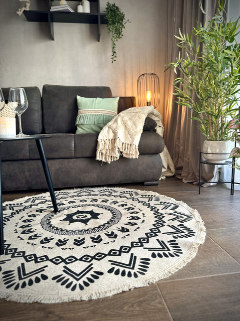 Covor decorativ în stil boho, culori alb-negru, Ø 120 cm
