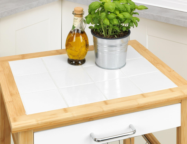 Cărucior de bucătărie pe roți FINJA, lemn de bambus si MDF, Alb, WENKO