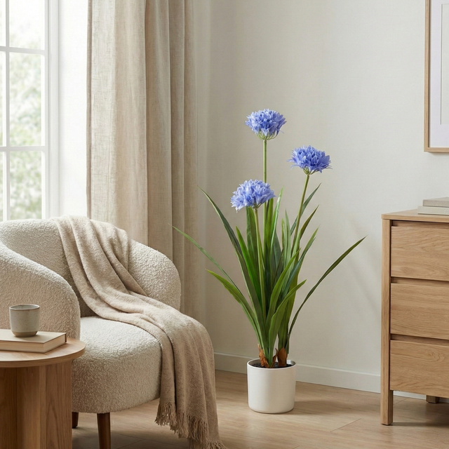 Floare artificială mare în ghiveci Agapant, 70 x 120 cm, albastră