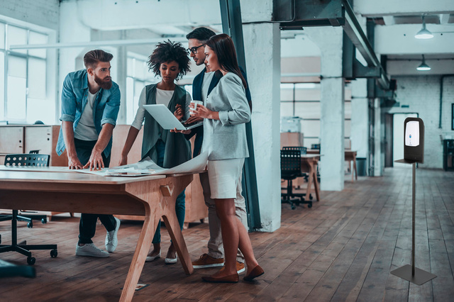 Suport dozator pentru dezinfectant pentru maini, otel inoxidabil, inaltime: 150 cm, negru, Wenko