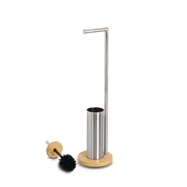 Suport pentru hârtie igienică și perie WC ORVO, bambus și oțel inoxidabil