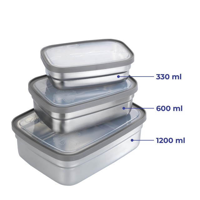Recipiente pentru alimente, oțel inoxidabil, 3 bucăți