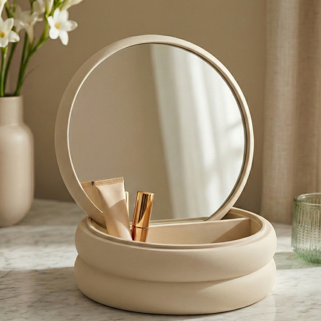 Cutie pentru bijuterii cu oglindă, 17,5 x 17,5 x 9 cm, ecru