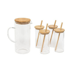 Urcior de sticlă și 4 pahare cu capac din bambus