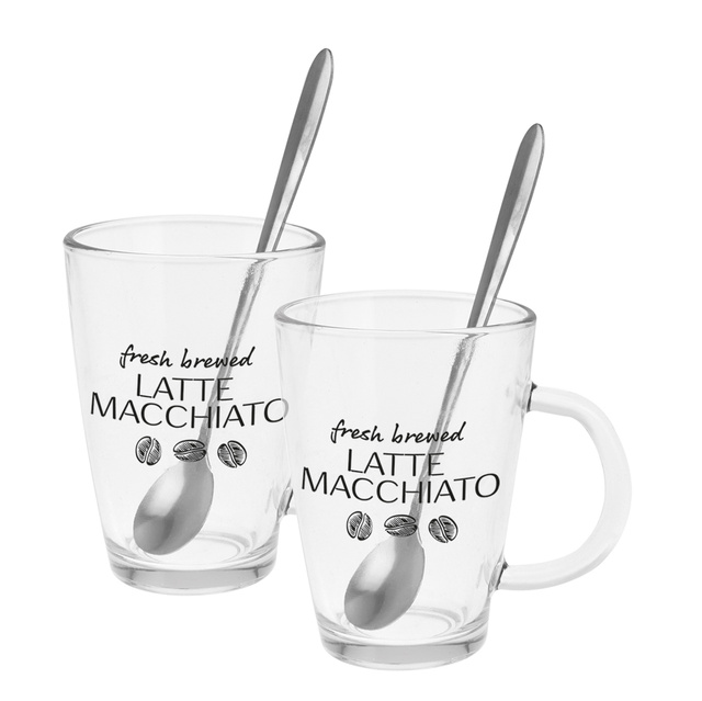 Set de cafea pentru 2 persoane, 2 pahare cu maner si 2 lingurite