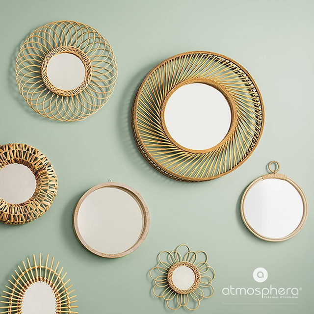 Oglinda rotunda in rama de bambus, 72 cm diametru