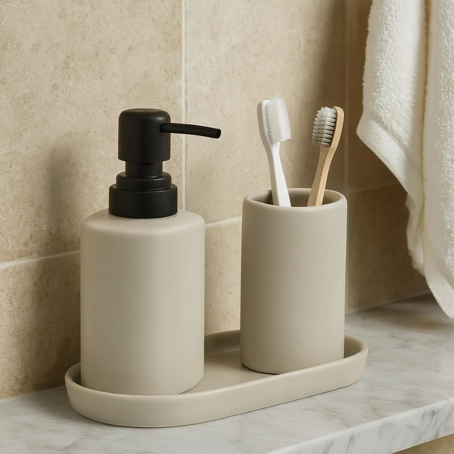 Set de baie PLY, dozator ceramic, cană și tavă, bej