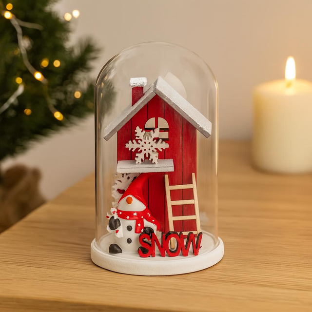 Glob de sticlă cu o casă de Crăciun din lemn, 12 cm