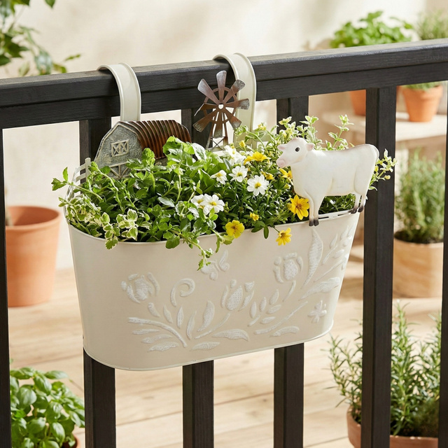 Vază metalică pentru ghiveci RANCH cu motiv de animale domestice, 34 cm, bej