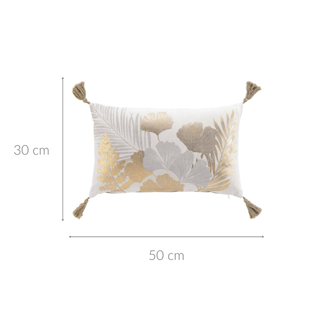 Pernă lungă decorativă cu ciucuri, frunze aurii, 30 x 50 cm