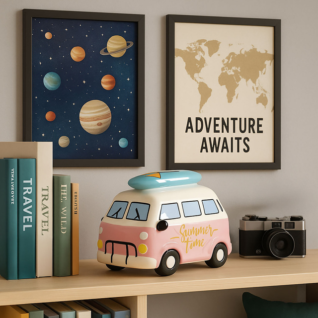 O pușculiță din ceramică colorată cu motiv de călătorie