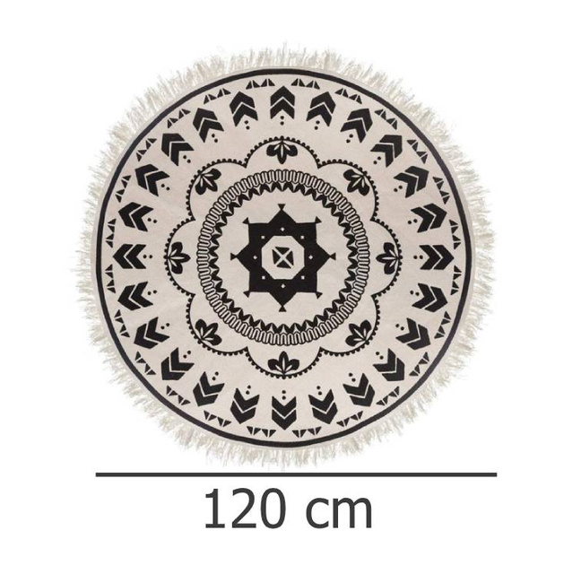 Covor decorativ în stil boho, culori alb-negru, Ø 120 cm