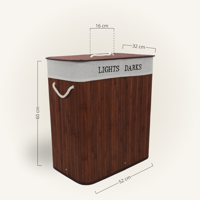 Coș de rufe cu două compartimente, cu sac detașabil, bambus, 100 l