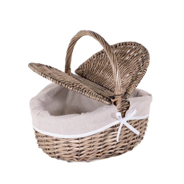 Cos de picnic din rachita cu capac si captuseala din material textil, 40 x 28 cm