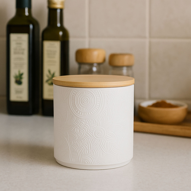 Borcan ceramic cu capac din bambus, Ø 10 x 10,5 cm