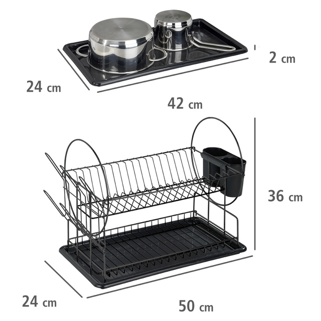 Uscător de vase Premium Duo WENKO, 2 niveluri de uscare și un recipient pentru tacâmuri cu două compartimente