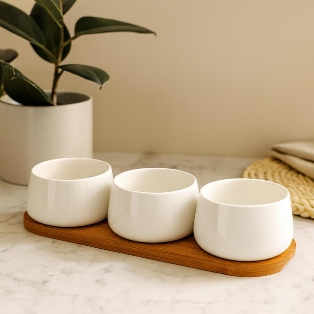 Set de boluri din porțelan pentru dipuri APERIO, 3 x 200 ml, tavă din bambus