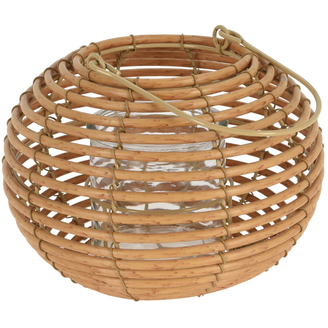 Felinar rotund din ratan cu suport din sticla