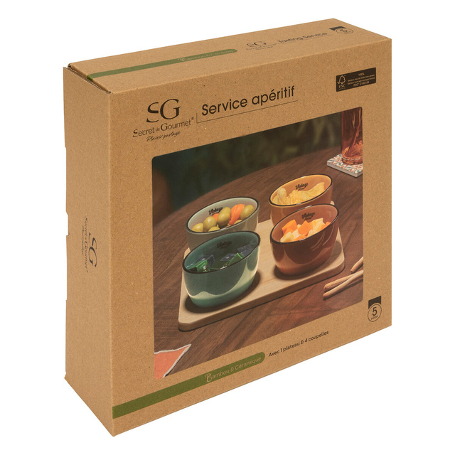 Set de 4 boluri pentru sosuri BE VINTAGE, si placa din bambus