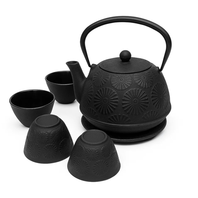 Căldare din fontă cu cești și suport KOGA, 1200 ml, negru