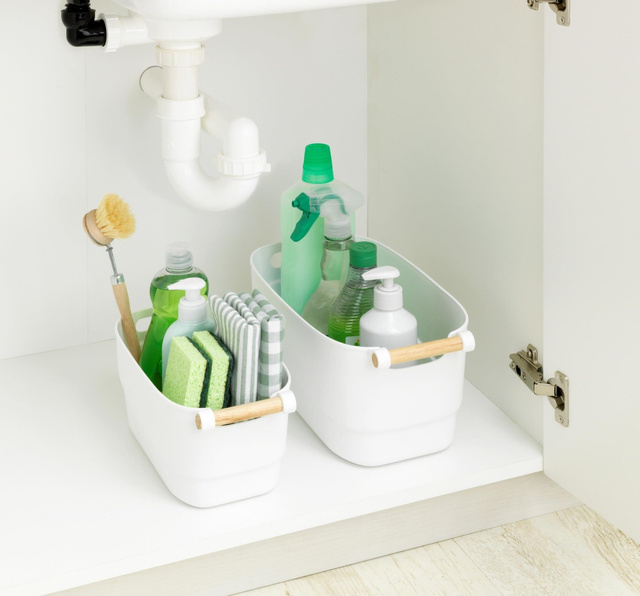 Recipient din plastic cu maner din lemn, alb, 14,5 x 12 x 27 cm, Wenko