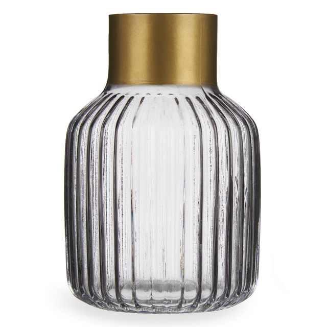 Vaza din sticla canelata cu decor auriu, inaltime 18 cm
