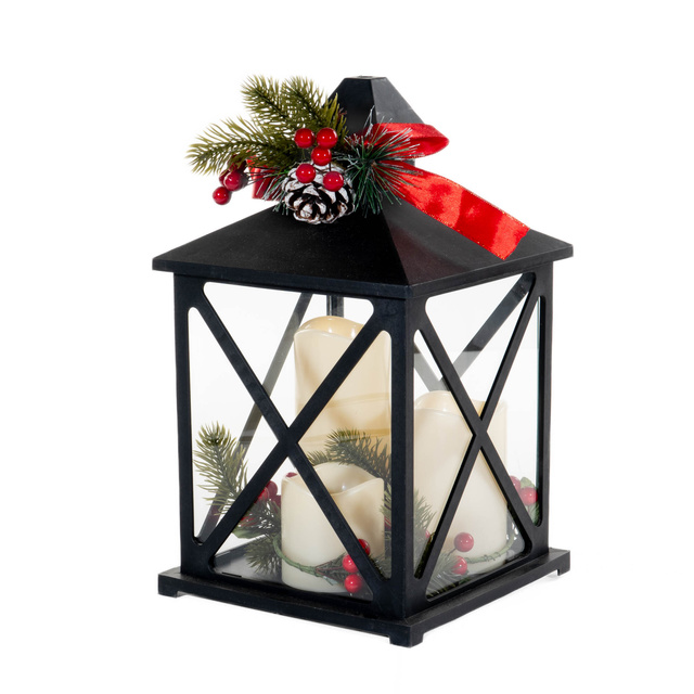 Felinar cu trei lumanari si crengute, LED