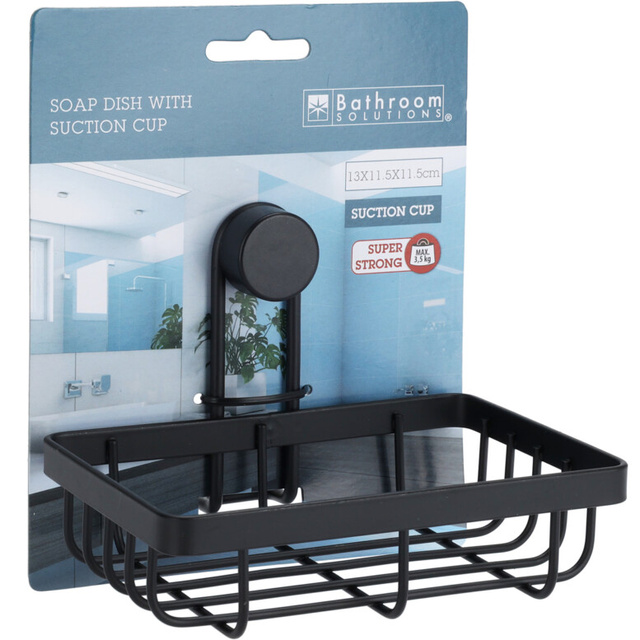 Coș de baie pentru săpun solid, cu ventuze, negru, 13,4 x 11,5 x 11,5 cm