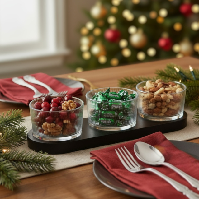 Boluri din sticlă pentru gustări ZINARI pe suport din lemn, 4 bucăți x Ø 9 cm