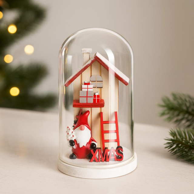 Glob de sticlă cu o casă de Crăciun din lemn, 12 cm