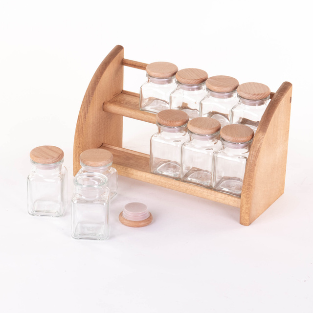 Raft din lemn pentru condimente cu recipiente din sticlă, 33 x 14 x 15 cm