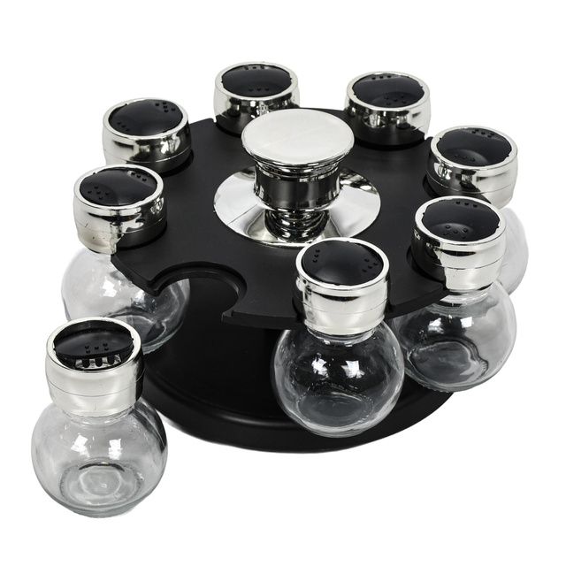 Organizator de condimente, 8 recipiente de sticlă, suport rotativ