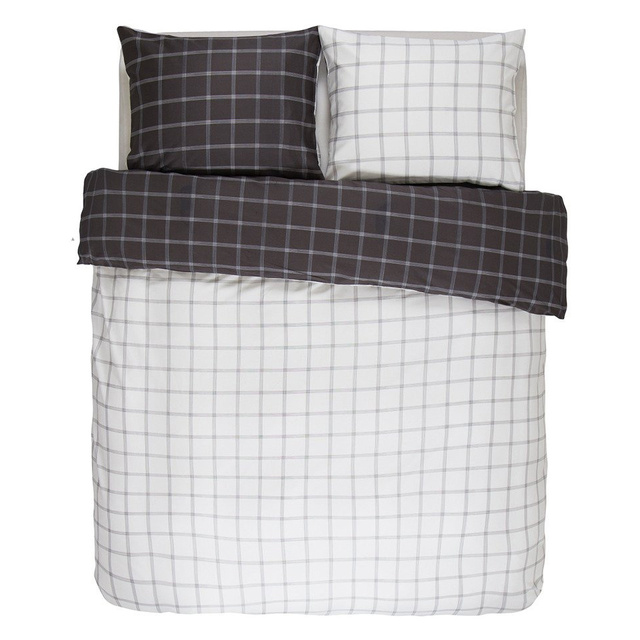 Lenjerie din satin de bumbac antracit-alb, față de pernă decorativă, lenjerie în carouri, Essenza, 200 x 220 cm