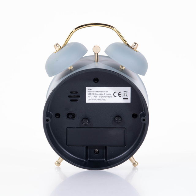 Ceas de masa cu alarma cu limbii aurii, albastru deschis, 10 x 5,5 x 13,5 cm