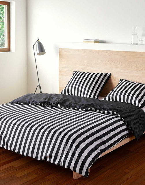 Lenjerie din satin de bumbac cu dungi negre clasice, 140 x 220 cm, Marc O'Polo