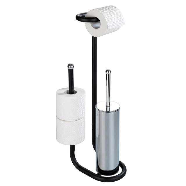 Perie WC cu suport hartie igienica UNIVERSALO, 3in1, Negru, 62x23x20 cm, WENKO