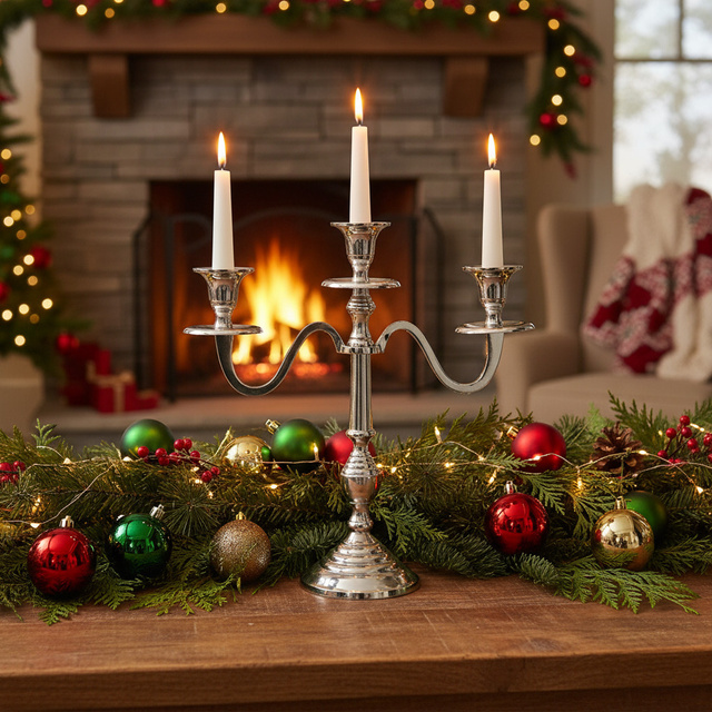 Candelabru cu trei brațe, argintiu, 30 cm, model 1