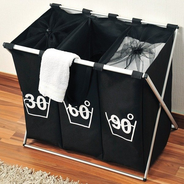 Coș pentru rufe 3 compartimente, Negru, 150 L.