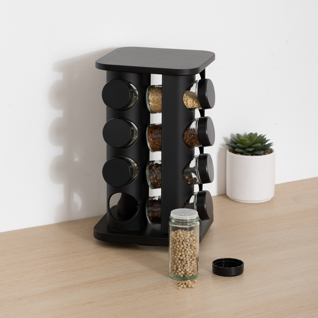 Organizer metalic pentru condimente ROTA, 16 borcane din sticlă