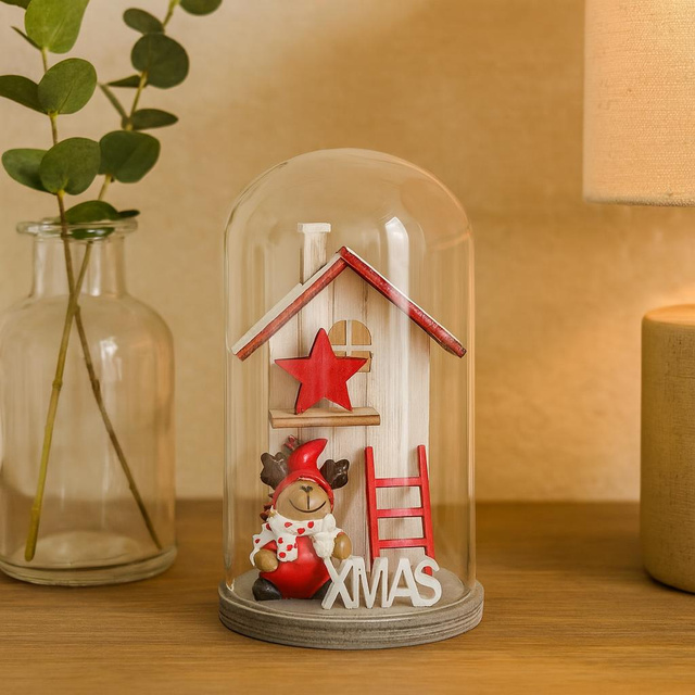 Glob de sticlă cu o casă de Crăciun din lemn, 12 cm