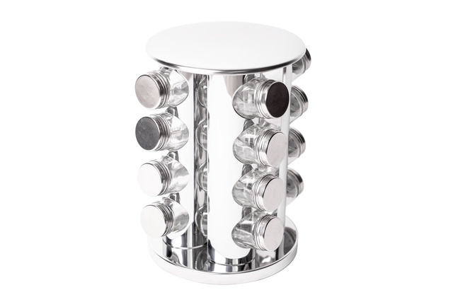 Raft metalic pentru condimente + recipiente din sticlă - 17 elemente incluse