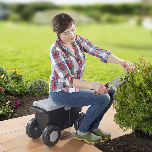 Cărucior de grădină XXL, cu șezut și spațiu de depozitare 15 l, Maximex