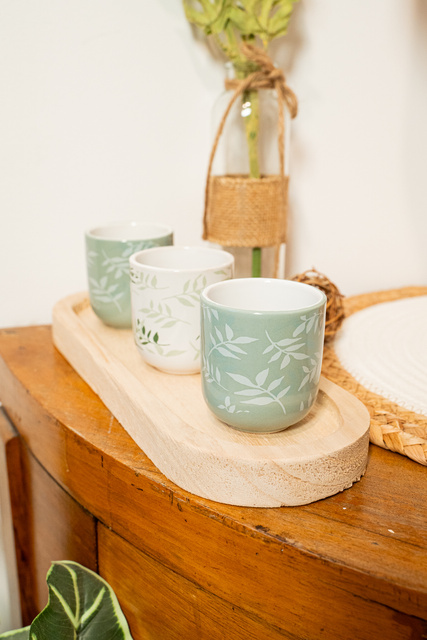 Pahare din ceramică cu suporturi de bambus, 4 buc, 130 ml