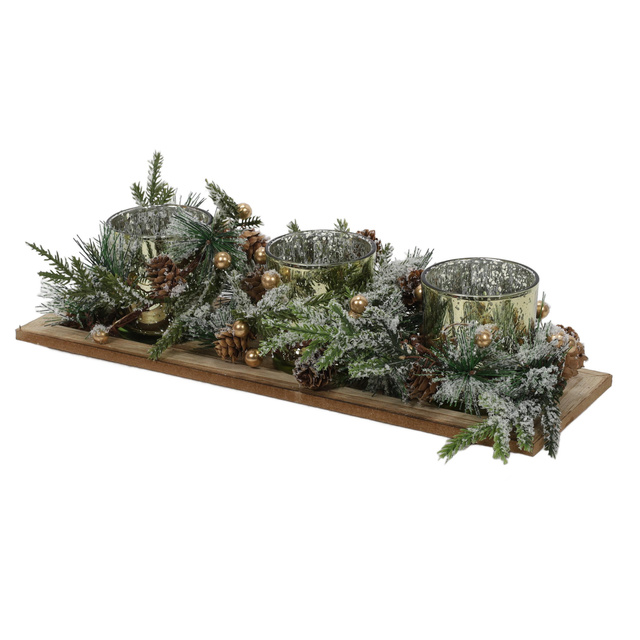 Set de trei suporturi pentru lumânări tealight pe o bază decorativă, aurie