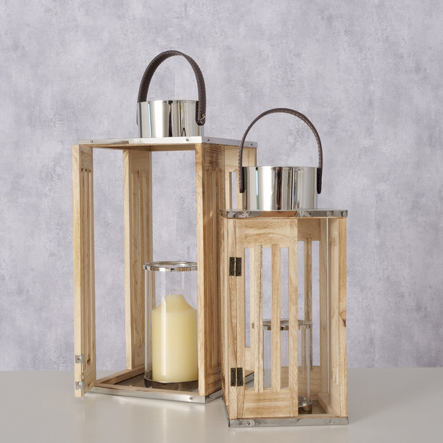 Set 2 felinare din lemn Octavia, cu maner din piele