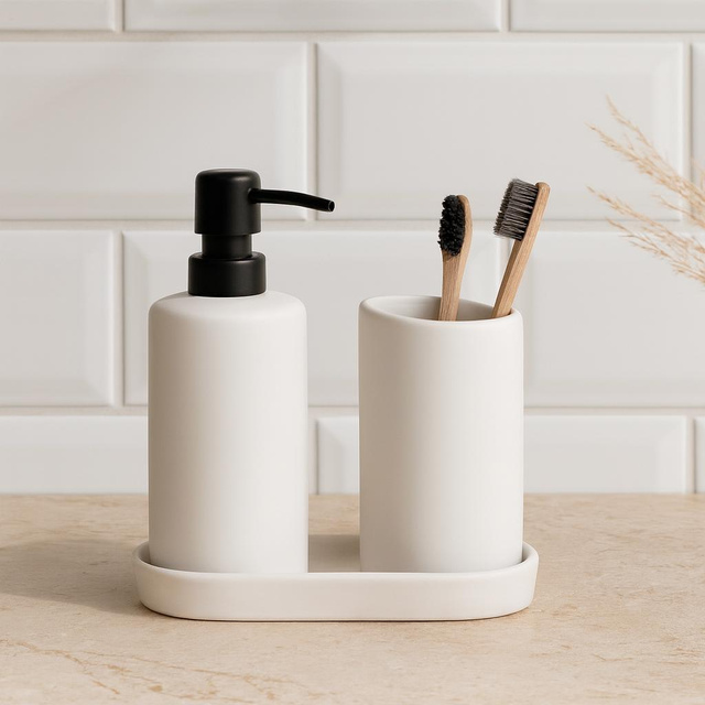 Set de baie PLY, dozator ceramic, cană și tavă, alb