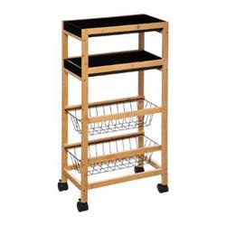 Cărucior de bucătărie din bambus, 2 coșuri și tăvi detașabile